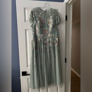 EMBELLISHED ILLUSION HIGH NECK BUTTERFLY SLEEVE MIDI DRESS- run small